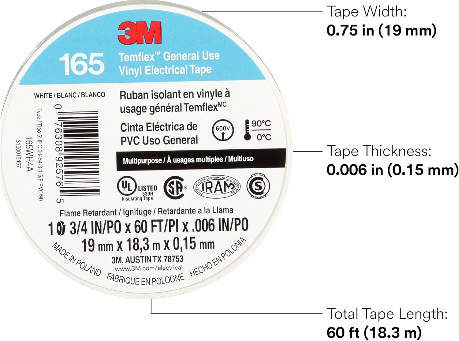 3M Temflex Vinyl Electrical Tape 165, 3/4 in x 60 ft, White, 10 Roll Pack | Mult