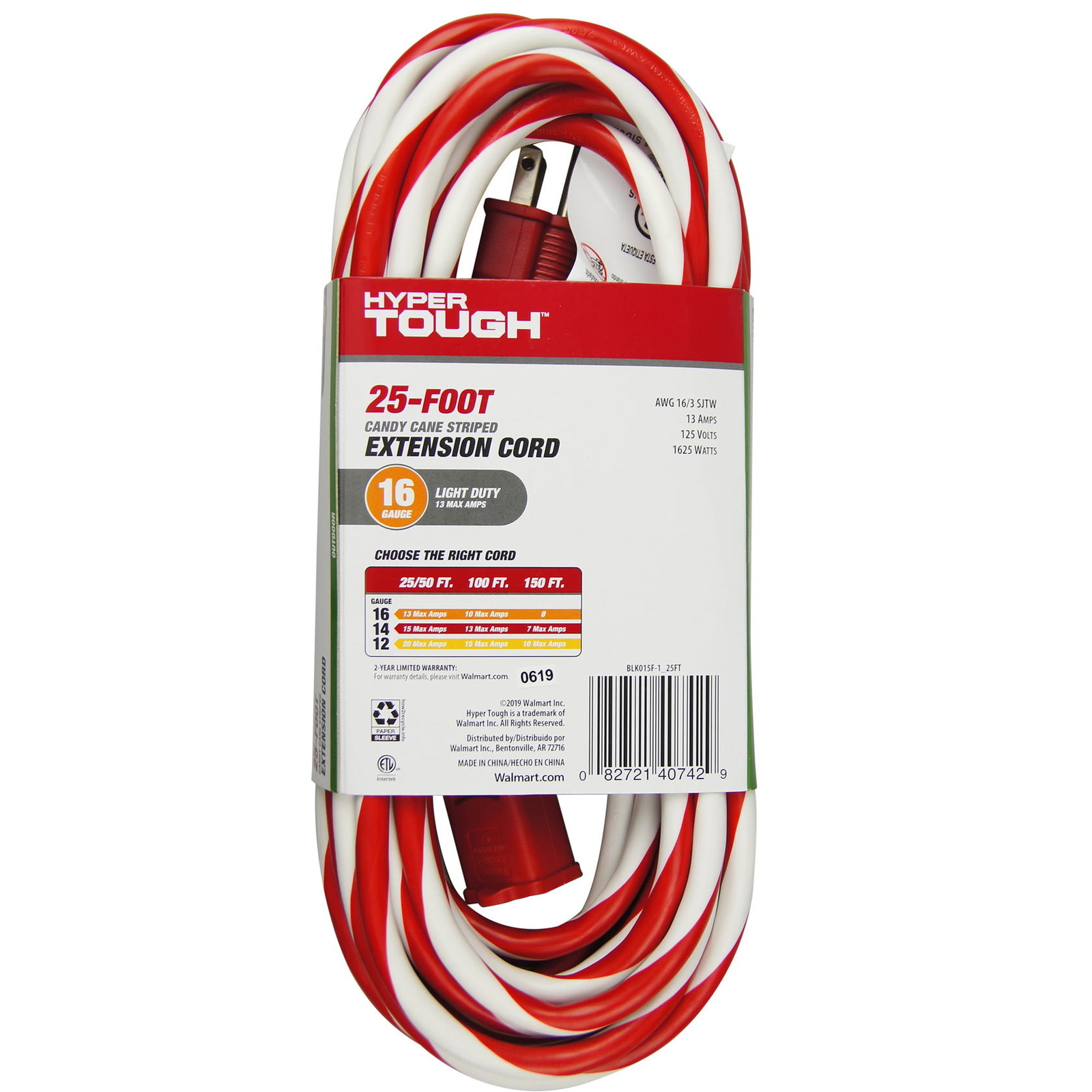 Hyper Tough 1-Outlet 25FT Candy Cane Extension Cord, Red/White
