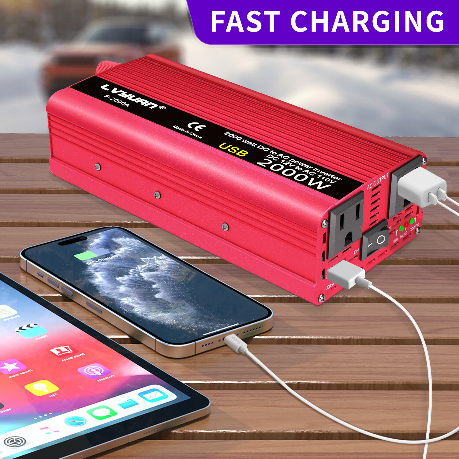 1000W / 2000W Peak Power Inverter 12V DC to 110V AC Converter with Battery Clamp