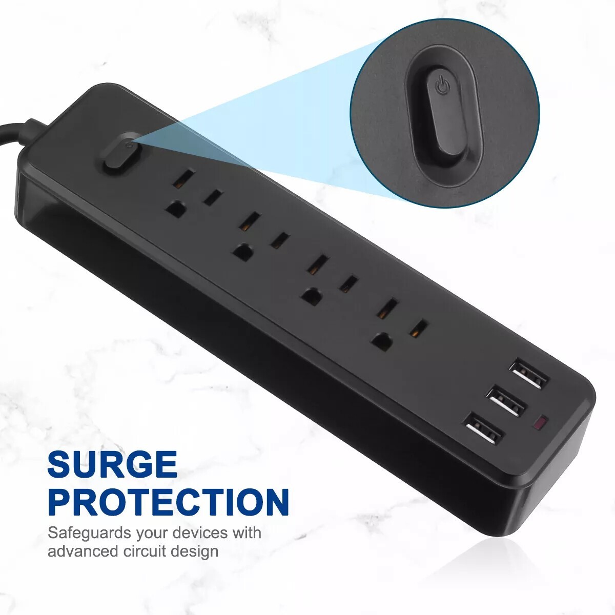 7-IN-1 Power Strip Sockets 4-Outlets plug 3-USB Ports Protection Overload