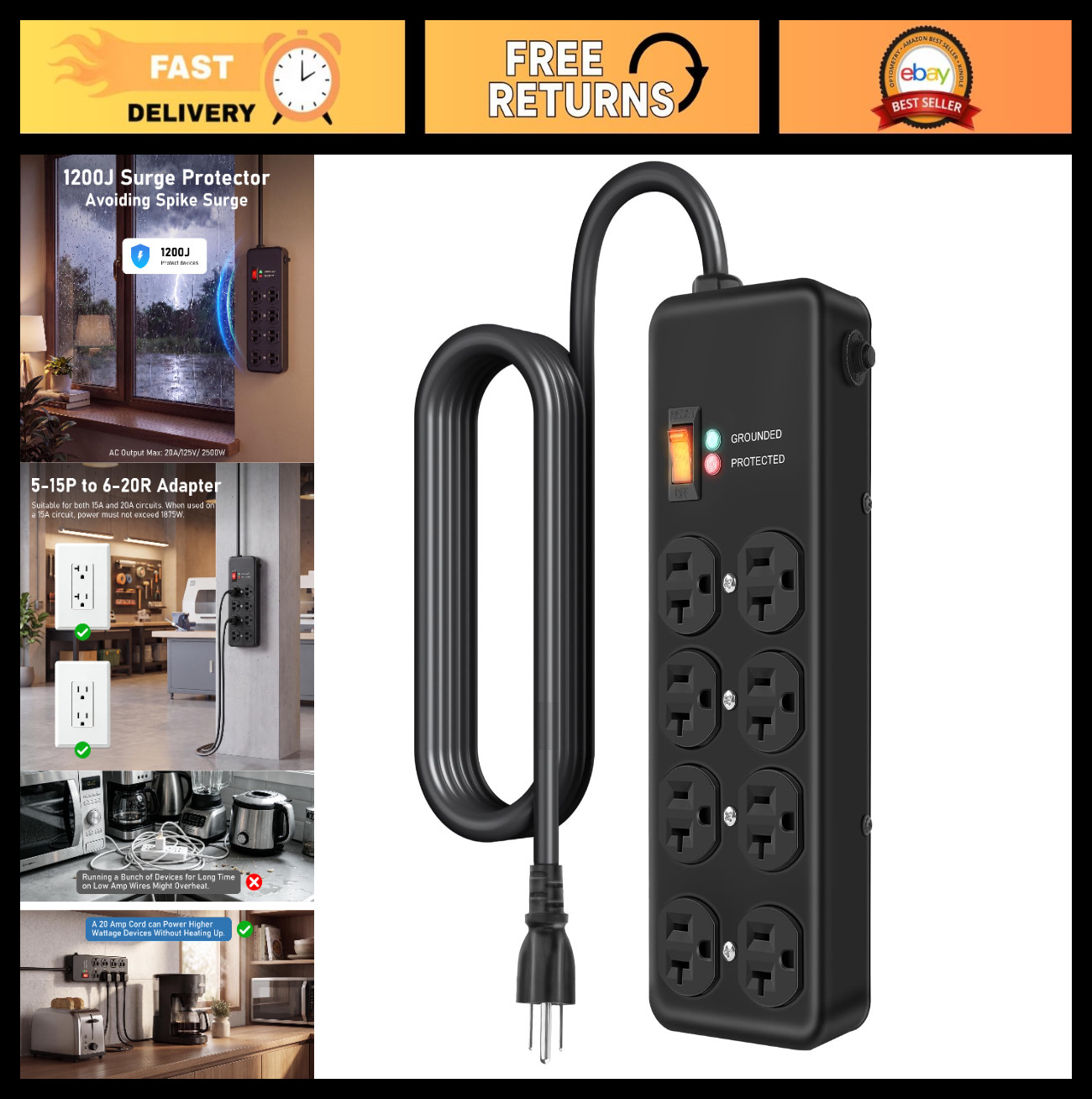 Heavy Duty 20Amp Surge Protector Power Strip, 8 Outlets, 1200J, 6FT Cord, Wall M