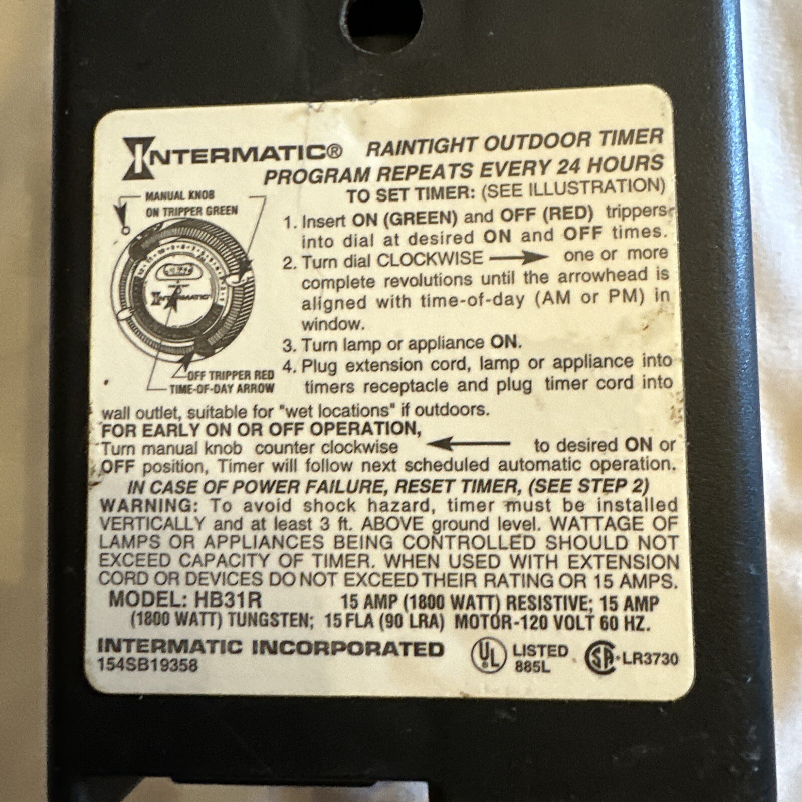 Intermatic Heavy Duty Outdoor Timer HB31R Raintight 10 Amps 1500 Watts NOS