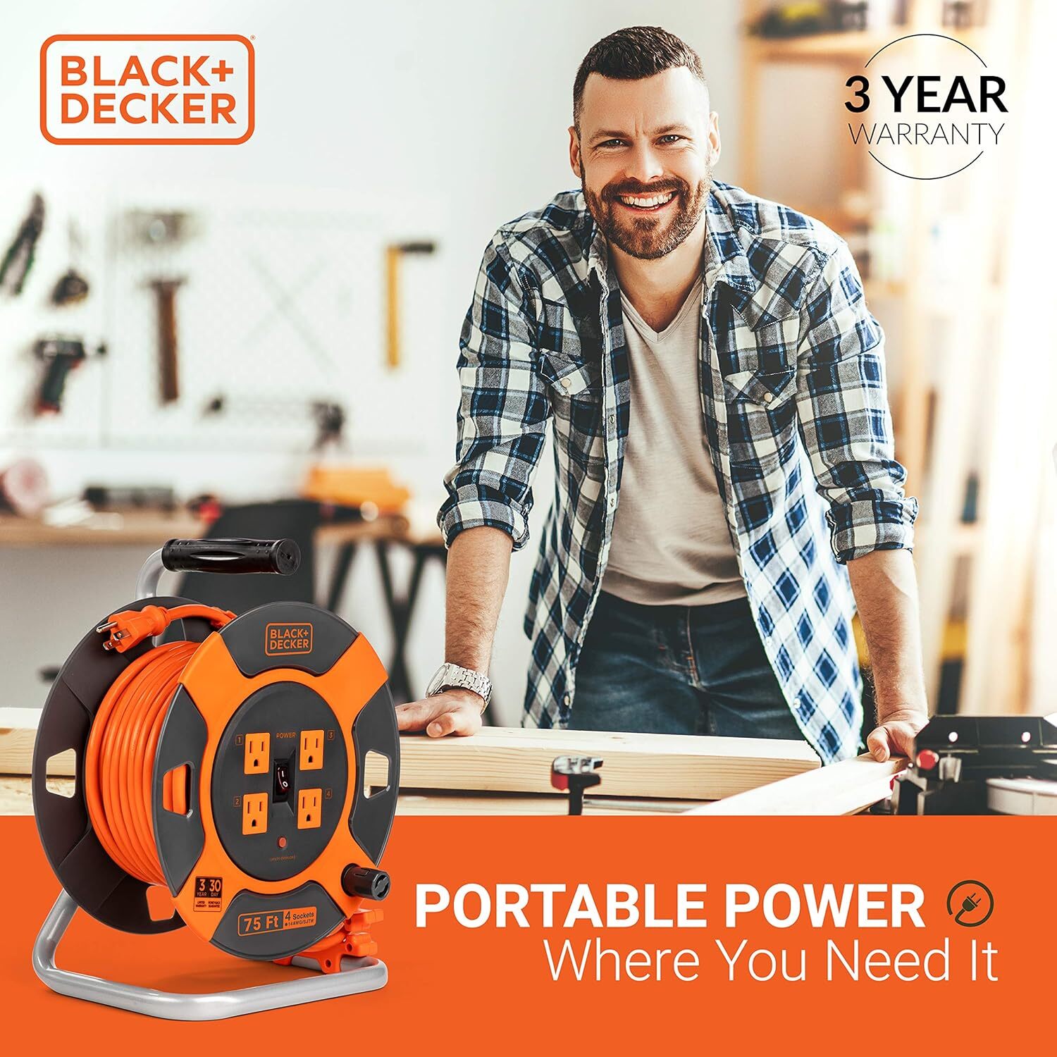 BLACK+DECKER 75 Ft. Retractable Extension Cord Reel with 4 Outlets, 75-Feet