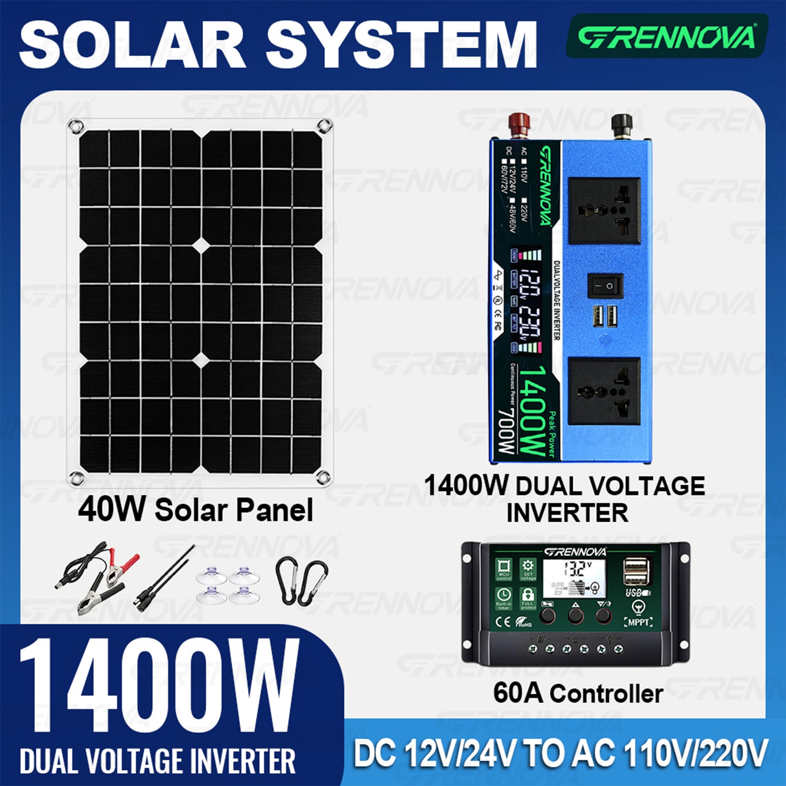 Grennova 1400W Solar Kit 60A MPPT Dual Voltage Off-Grid Home Backup Power