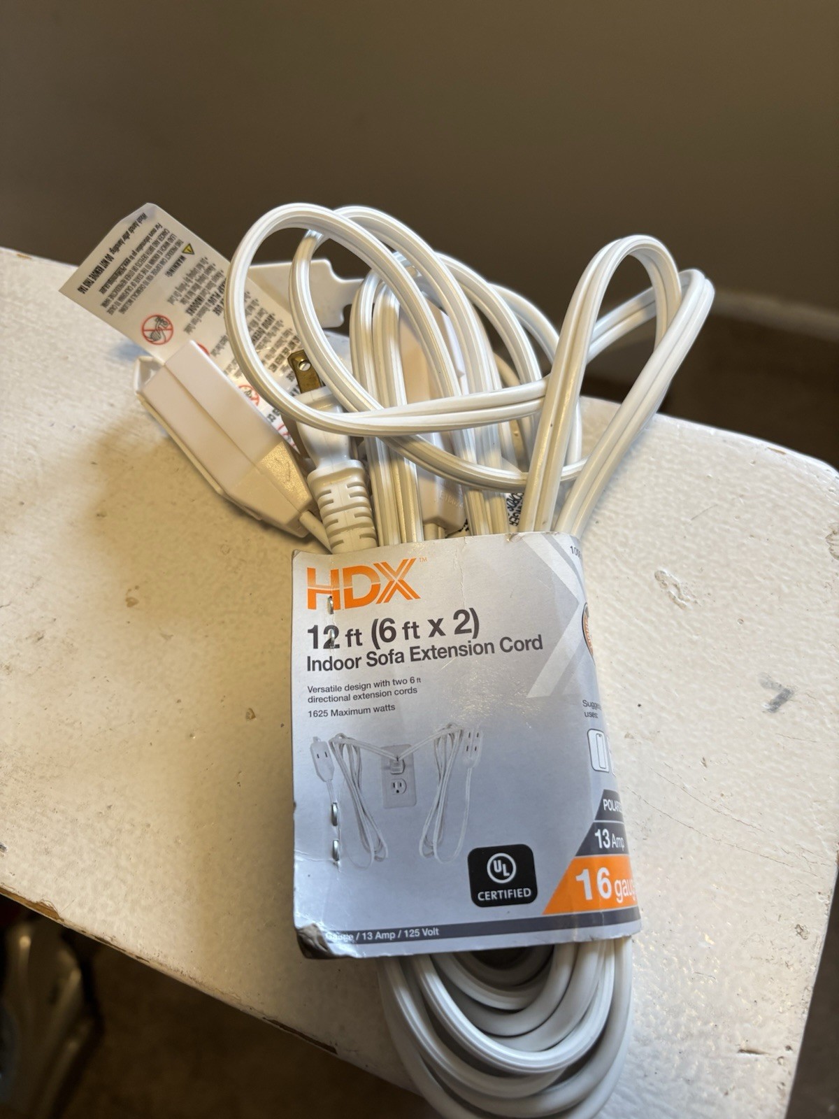 HDX 12ft (6ft x 2) Indoor Sofa Extension Cord White Polarized 13 Amp 16 Gauge