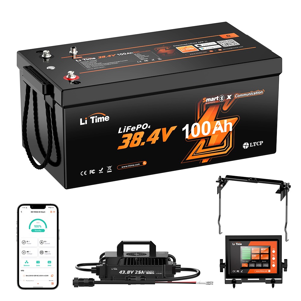 LiTime 36V 100Ah Bluetooth Golf Cart LiFePO4 Lithium Battery Charger Monitor Set