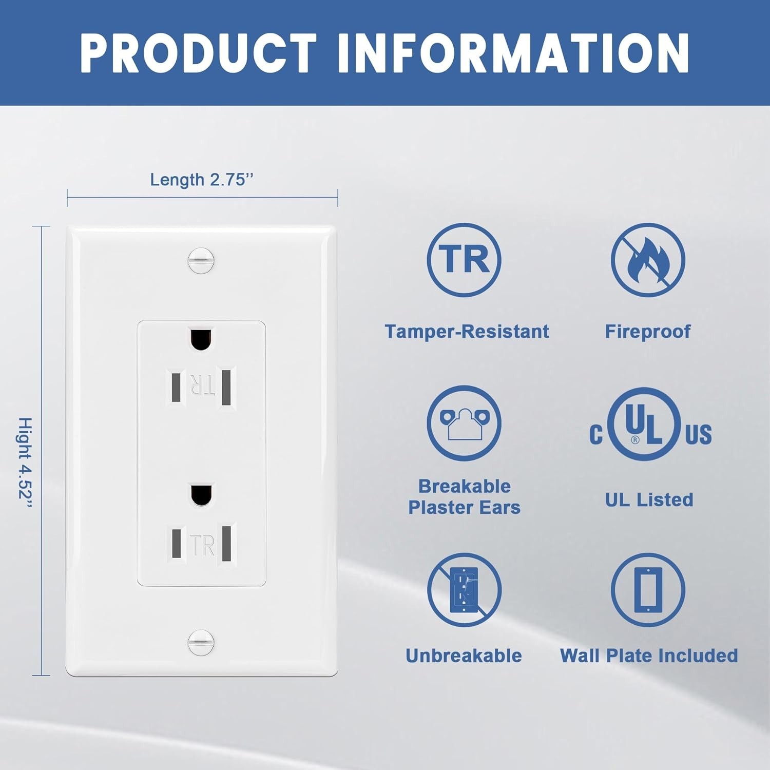 ThunderWay Decorator Wall Receptacle Outlet Child-Safe Tamper-Resistant 15A/125V