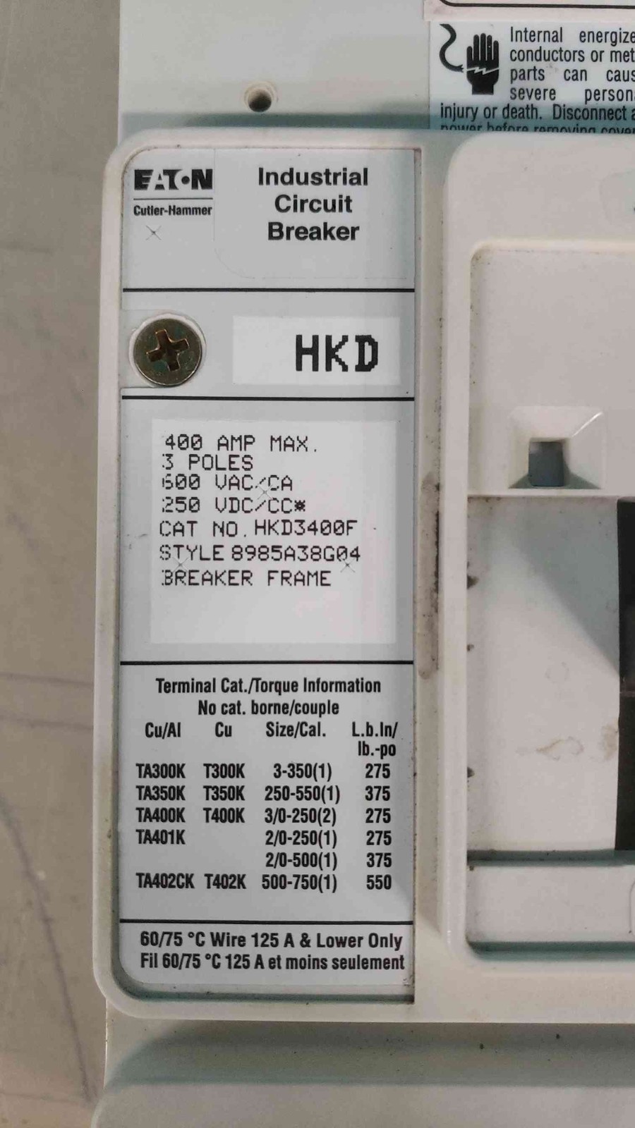 Eaton Cutler Hammer HKD3400F 3 Pole 400A Frame KT3350T 350A Trip Breaker HKD 65k