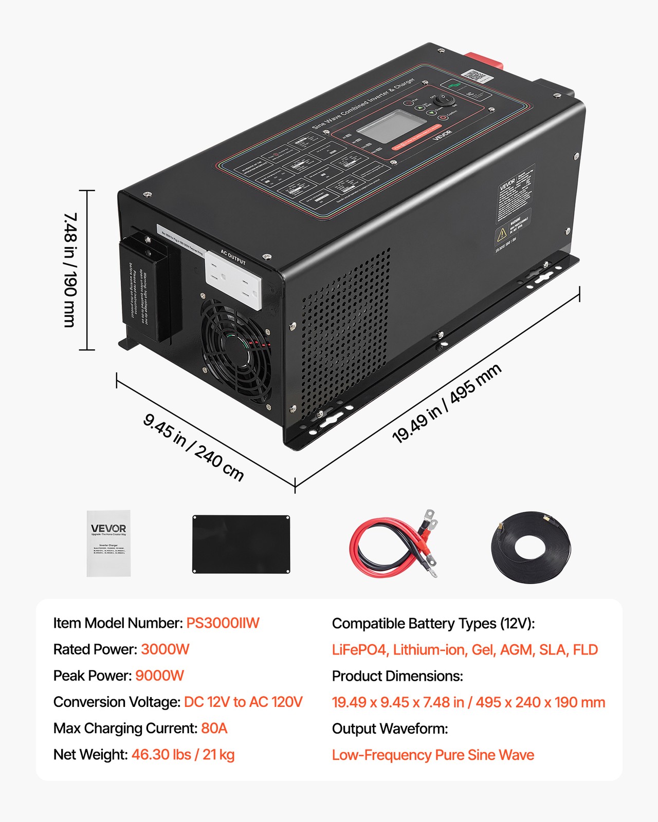 VEVOR Pure Sine Wave Inverter Charger 3000W DC 12V to AC 120V Power Inverter LCD