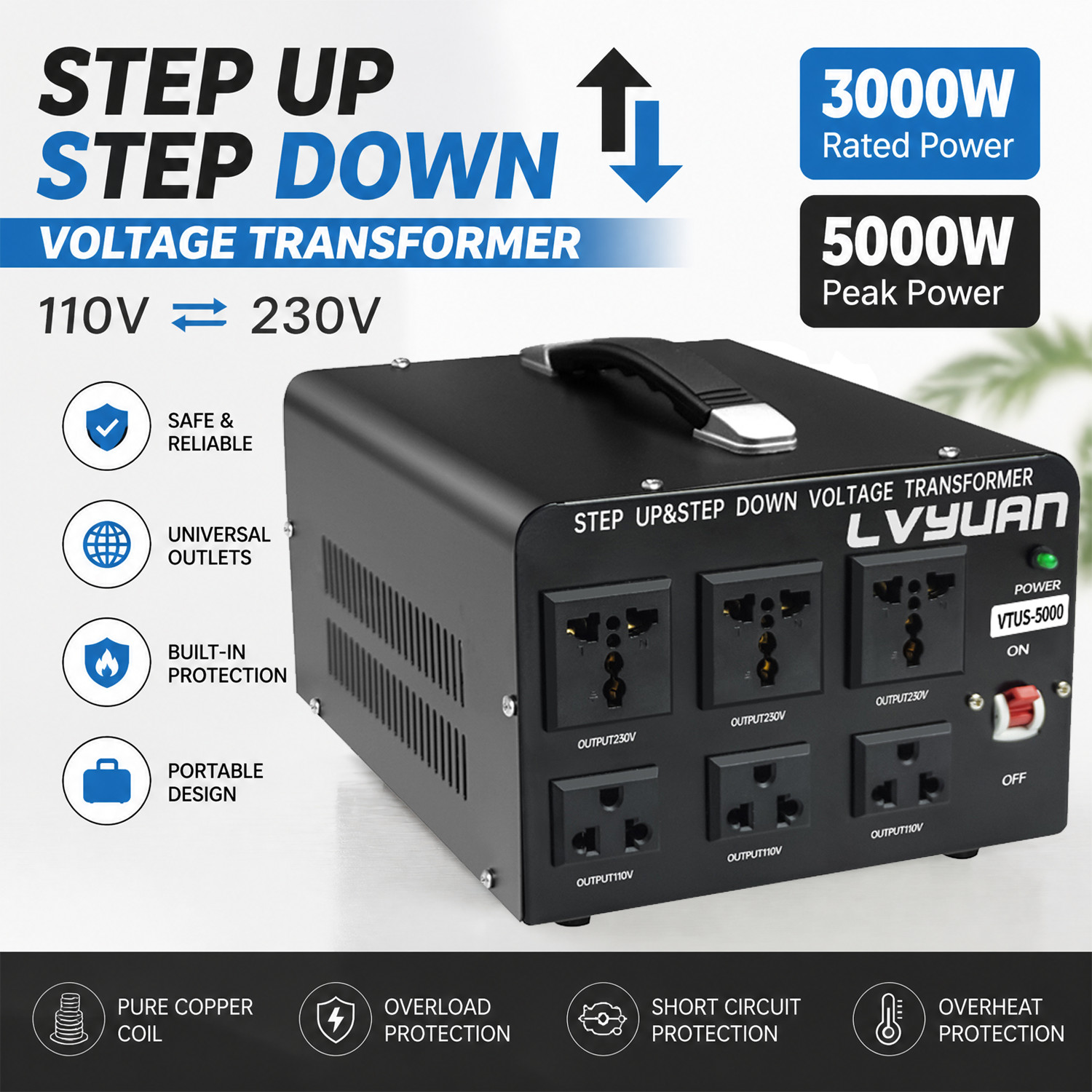 5000W Peak Voltage Transformer Converter Step Up Down 110V 220V Bidirectional