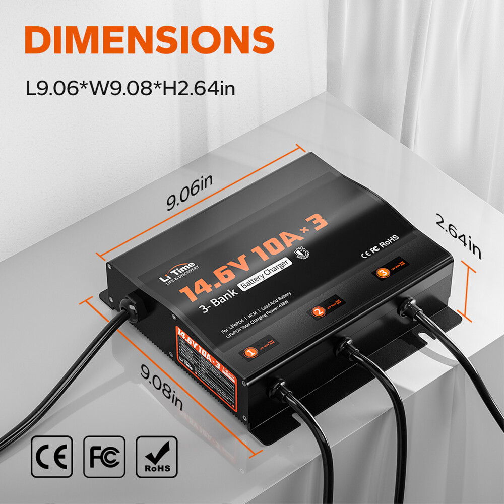 LiTime 14.6V 10A* 3 Bank Smart Battery Charger for Lithium LiFePO4 Lead Acid NCM