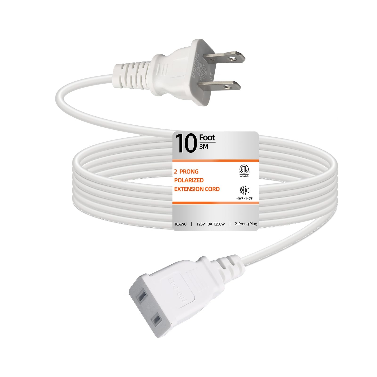 10 Feet Extension Cord White Flat Thin 2 Prong 10a Etl Listed | 1250w Flexible