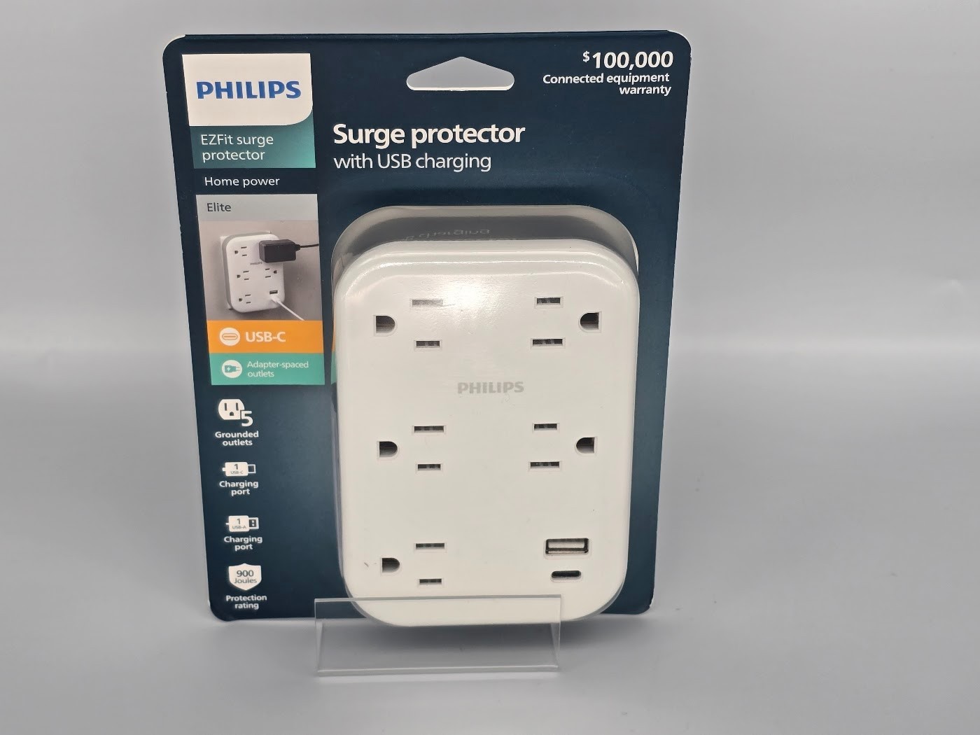 Philips 5-Outlet Extender Surge Protector, 1 USB-A, 1 USB- C, 3-Prong **NEW**