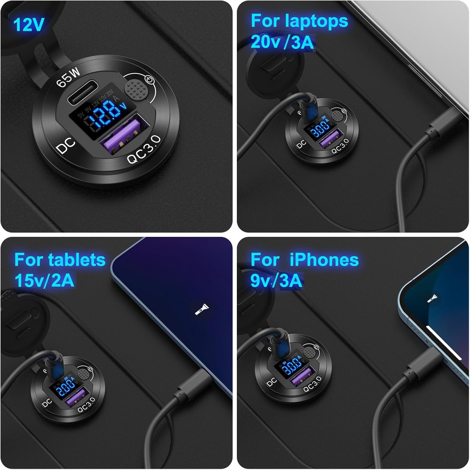12V USB Outlet Aluminum Car Charger PD65W Port for Laptops, Quick Charge 3.0