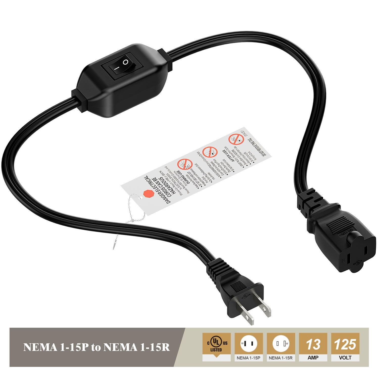 0.6m 2-Prong Extension Cord with Switch, 2 Outlets, 16AWG, 12A/125V