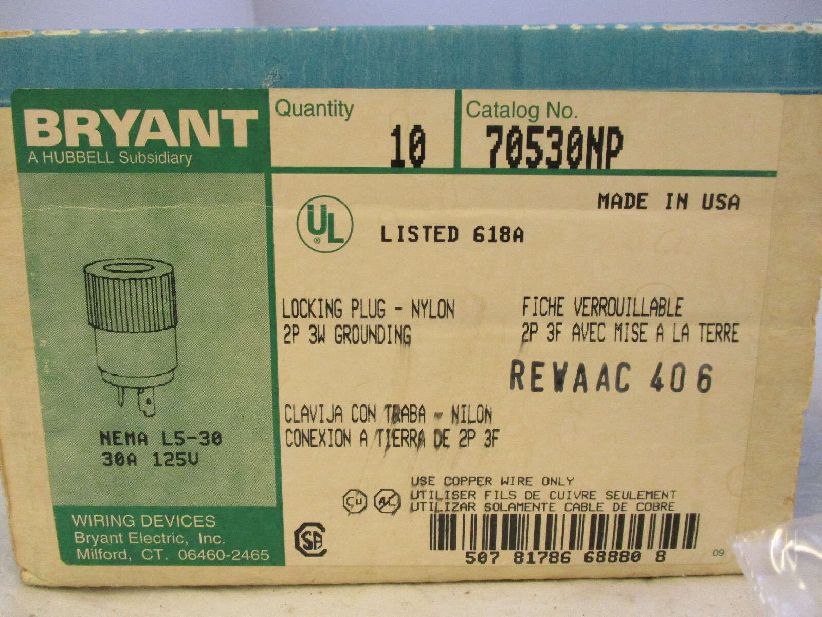 (QTY 2) BRYANT HUBBELL 70530NP LOCKING PLUG TWIST LOCK L5-30 30A 125V