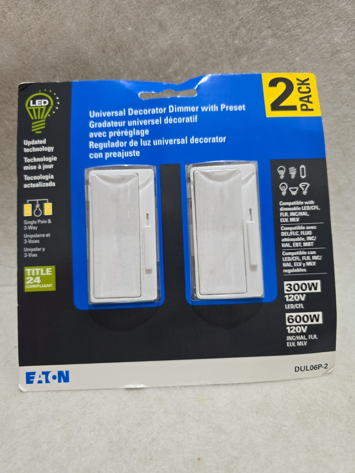 2 Pack Eaton LED Universal Decorator Dimmer with Preset DUL06P-2 White