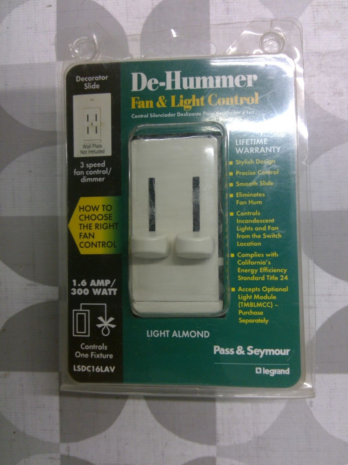 Pass & Seymour LSDC16LAV 1.6A 300W 3 Speed Fan/Light Controller *Free Shipping*