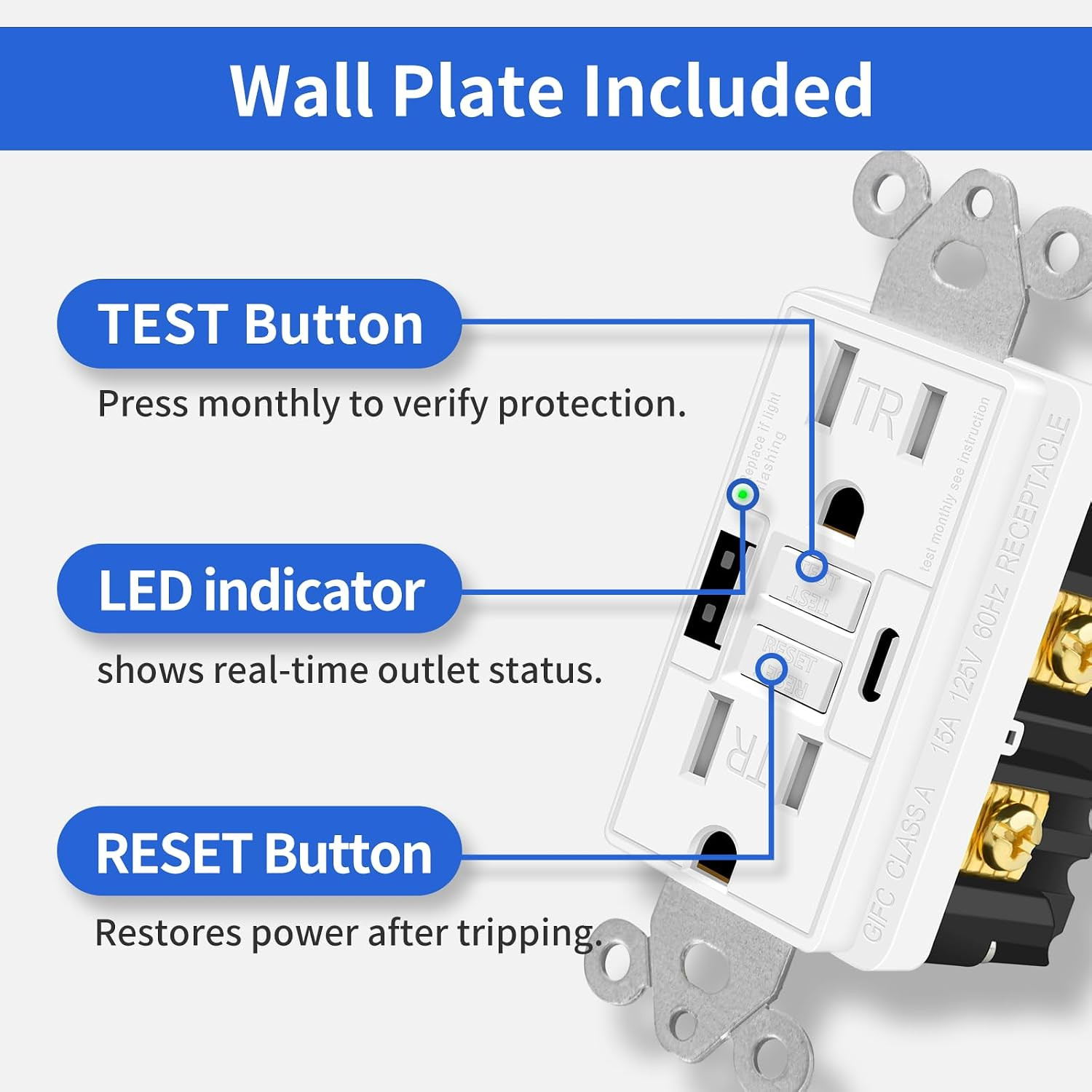 15A GFCI Outlet with USB C&A, Self-Test TR ETL Listed White 2 Pack | Tamper-Resi