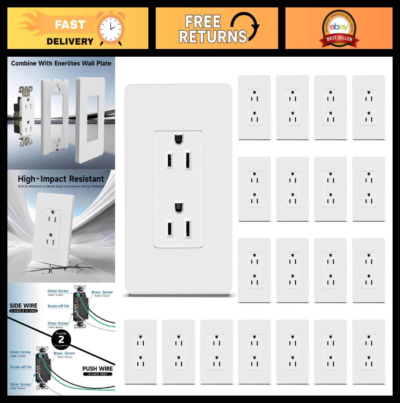Matte White Decorator Outlet with Wall Plate, 15 Amp, Self-Grounding, UL Listed,