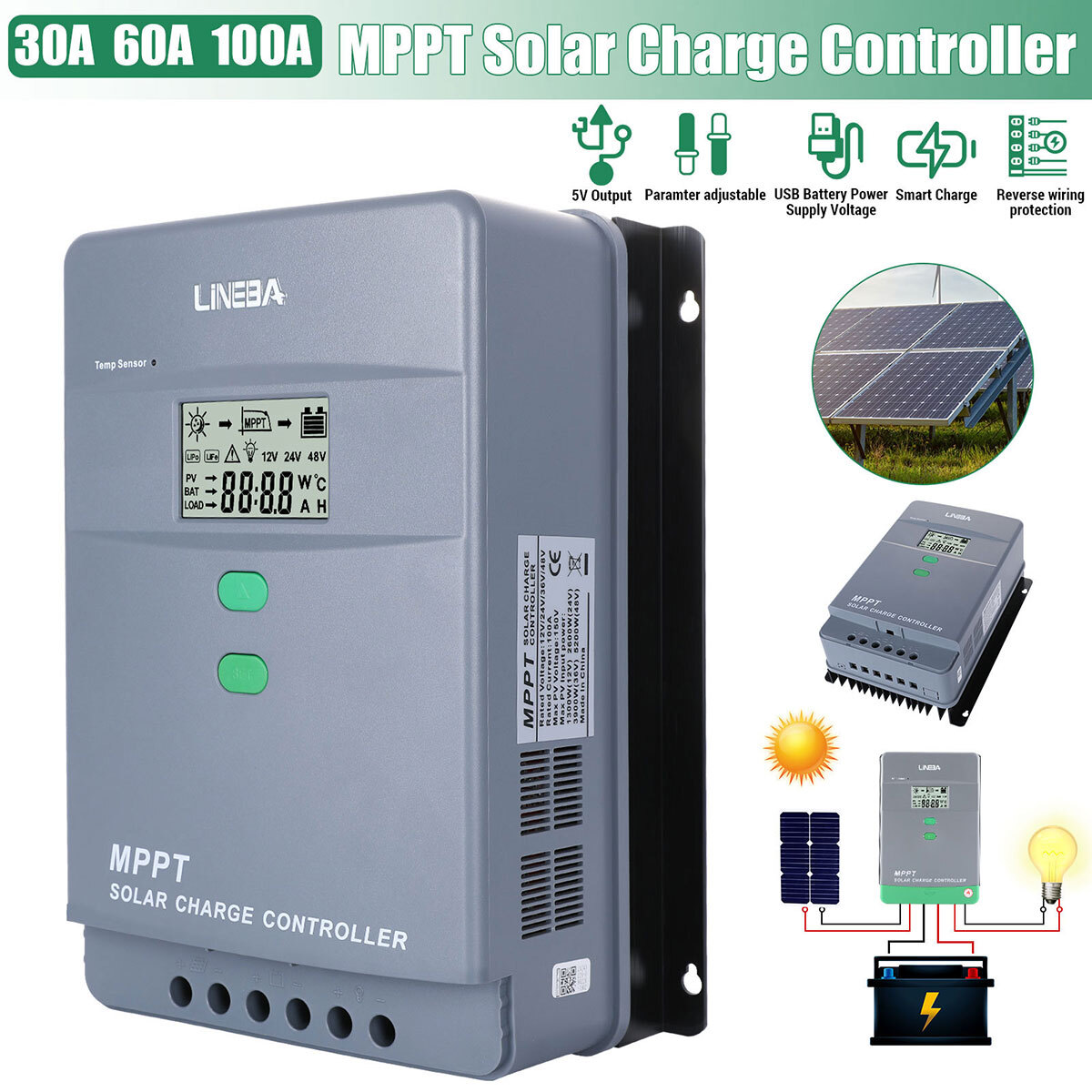 Solar Panel 100A MPPT Battery Charge Controller 12V/24V/36V/48V LCD Regulator