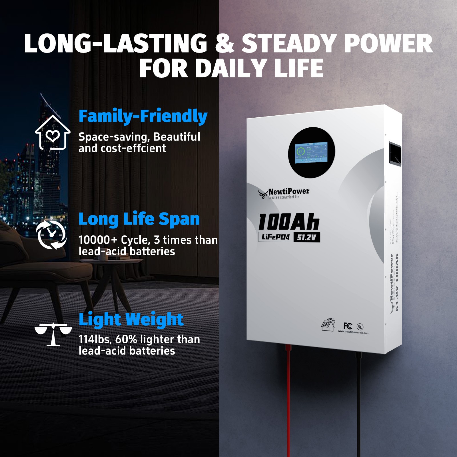 48V 100Ah LiFePO4 Lithium Battery 5120Wh Wall Mounted 100A BMS Solar Home Backup