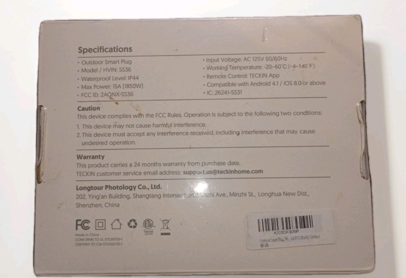 TECKIN Outdoor Smart Plug Wifi Plug-in Light Switch SS36 IP44 Waterproof NEW CIB