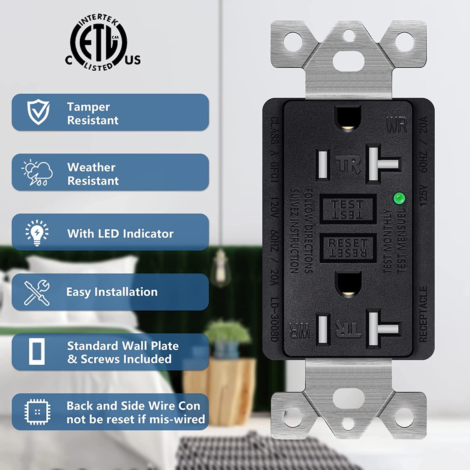 3Pack Safety 20Amp GFCI GFI Outlet Receptacle Tamper Weather Resistant Black ETL