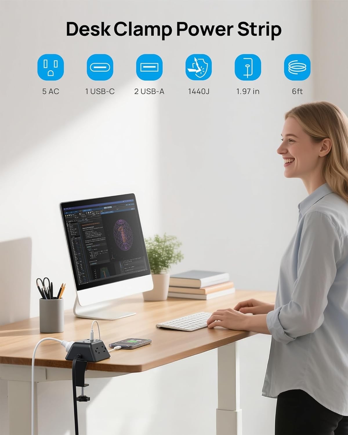Compact Desk Clamp Power Strip with 5 AC Outlets and USB Ports for Convenience