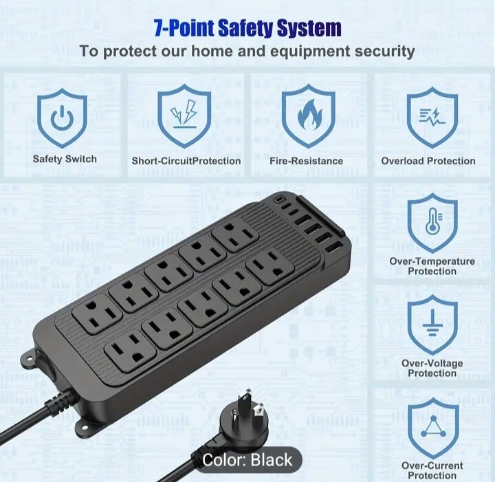 Power Surge Protector with 10 Outlets & 4 USB Ports & 2 USB-C Port (5V/3A),