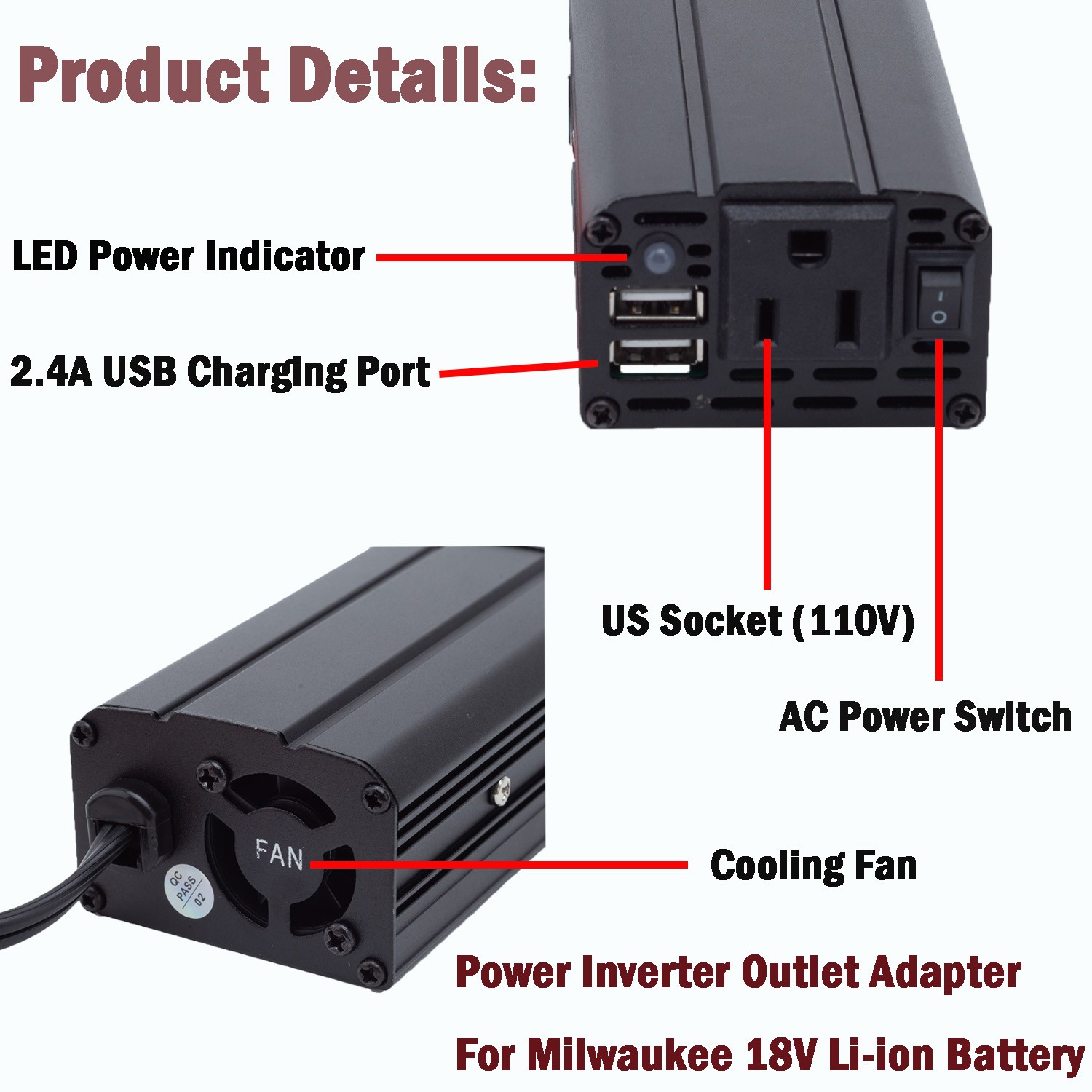 For Milwaukee 18V Battery Power Inverter Converter DC 15-21V To AC 110v w/USB US
