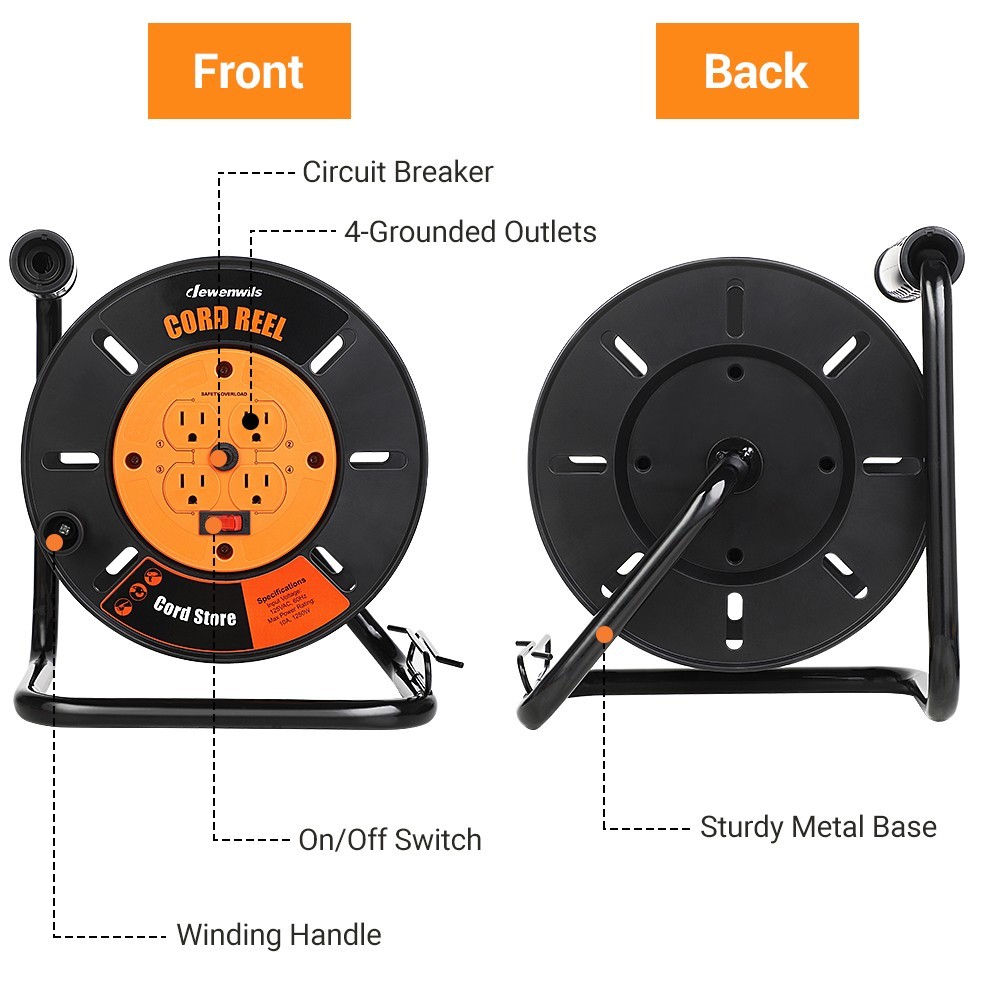 DEWENWILS Heavy Duty Extension Cord Reel with 15A Breaker, 4-Grounded Outlets