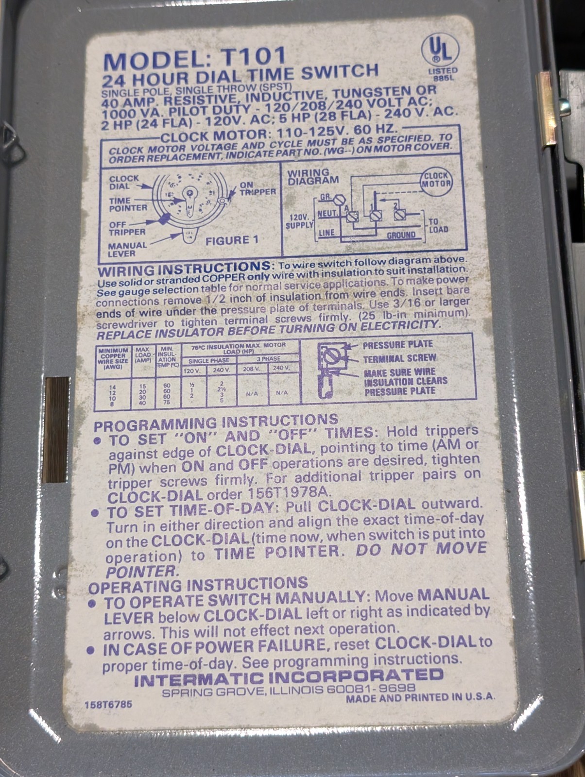 Intermatic T101 24-Hour Mechanical Time Switch 40A 120/208/240 Volt AC