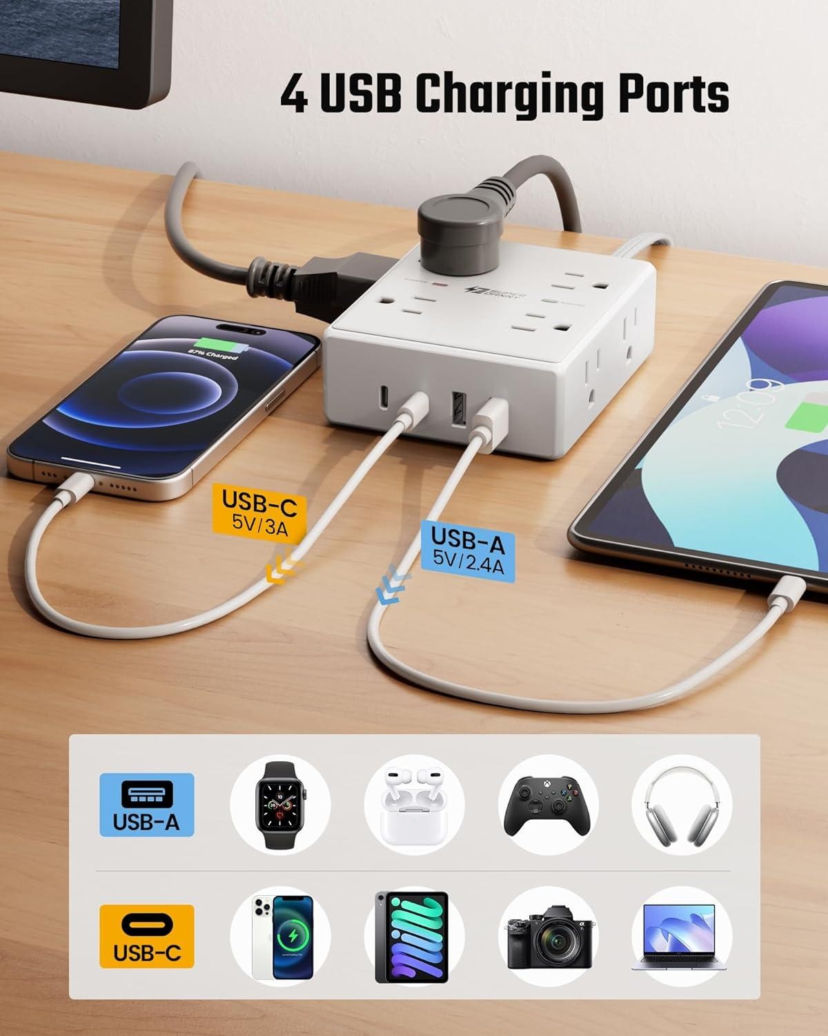 10ft Extension Cord with Multiple Outlets, Flat Plug Surge Protector Power Strip