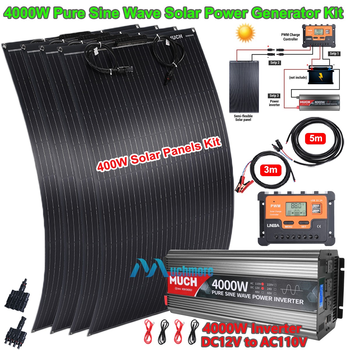 4000W Pure Sine Wave Power Inverter w/ 400W Solar Panel Power Generator Home RV