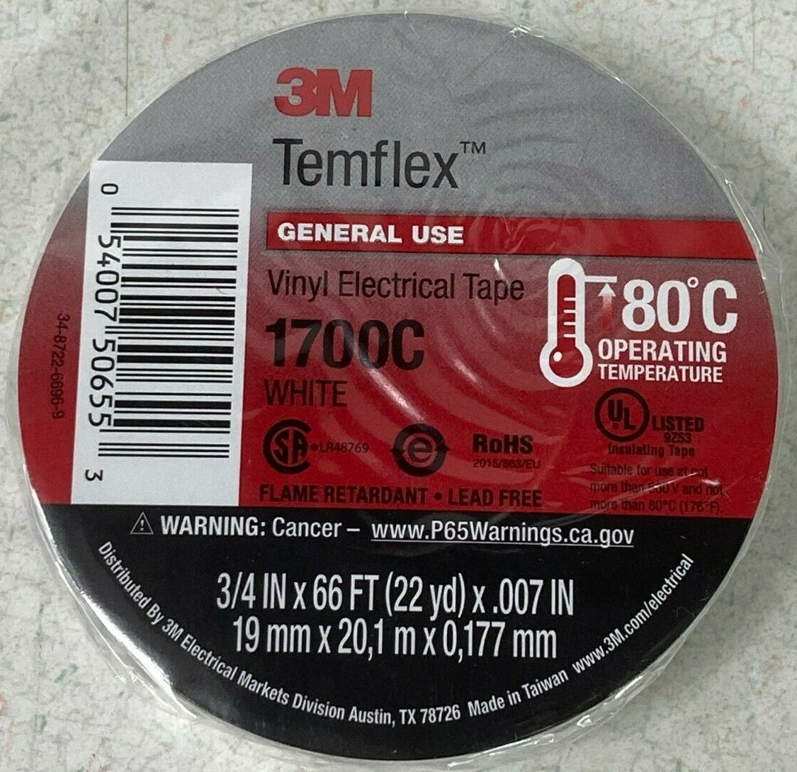 3M Temflex 1700C General Use Insulating White Vinyl Electrical Tape 3/4 x 66′ 3m
