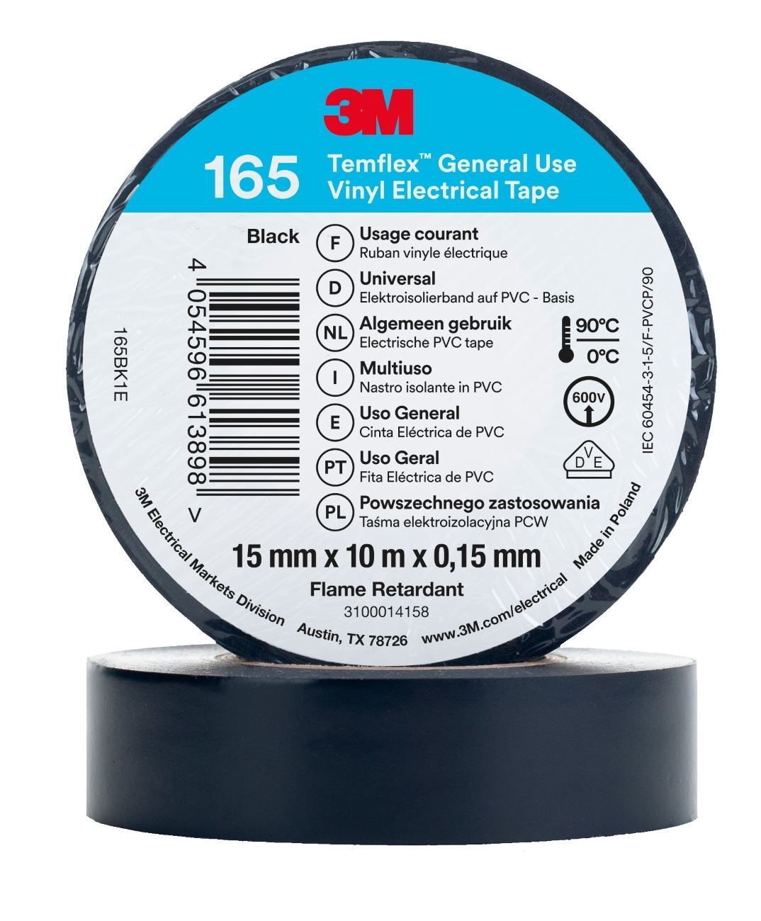 Insulation Tape 15mm x 0.15mm x 10m PVC Temflex™ 165, black, 3M
