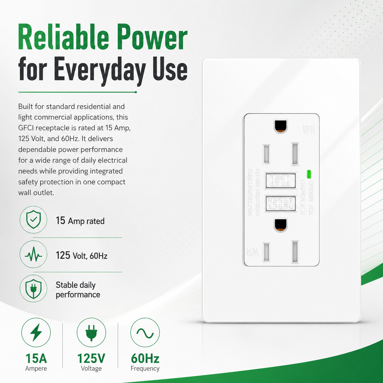 15 Amp GFCI Outlet TR Weather Resistant Back & Side Wiring Easy Install ETL 1PK