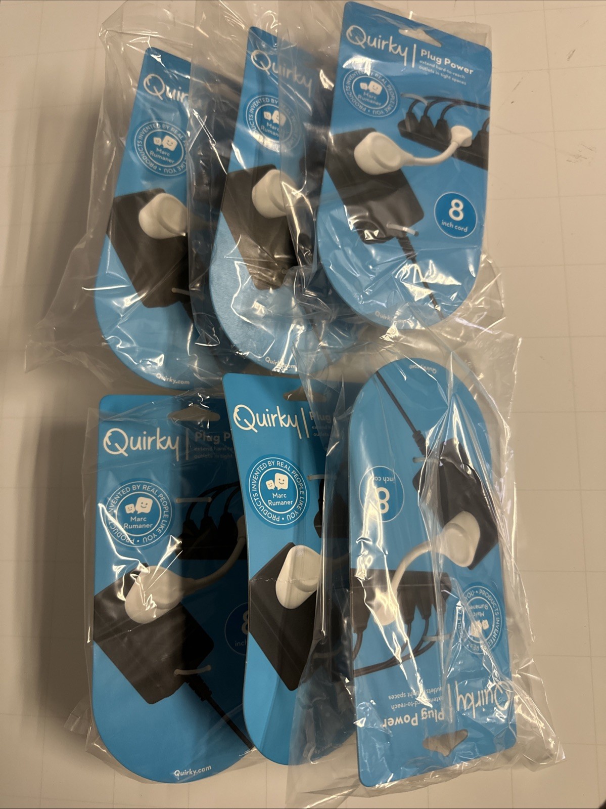 6 pack Quirky 8 INCH PLUG Extension Power Cord – White