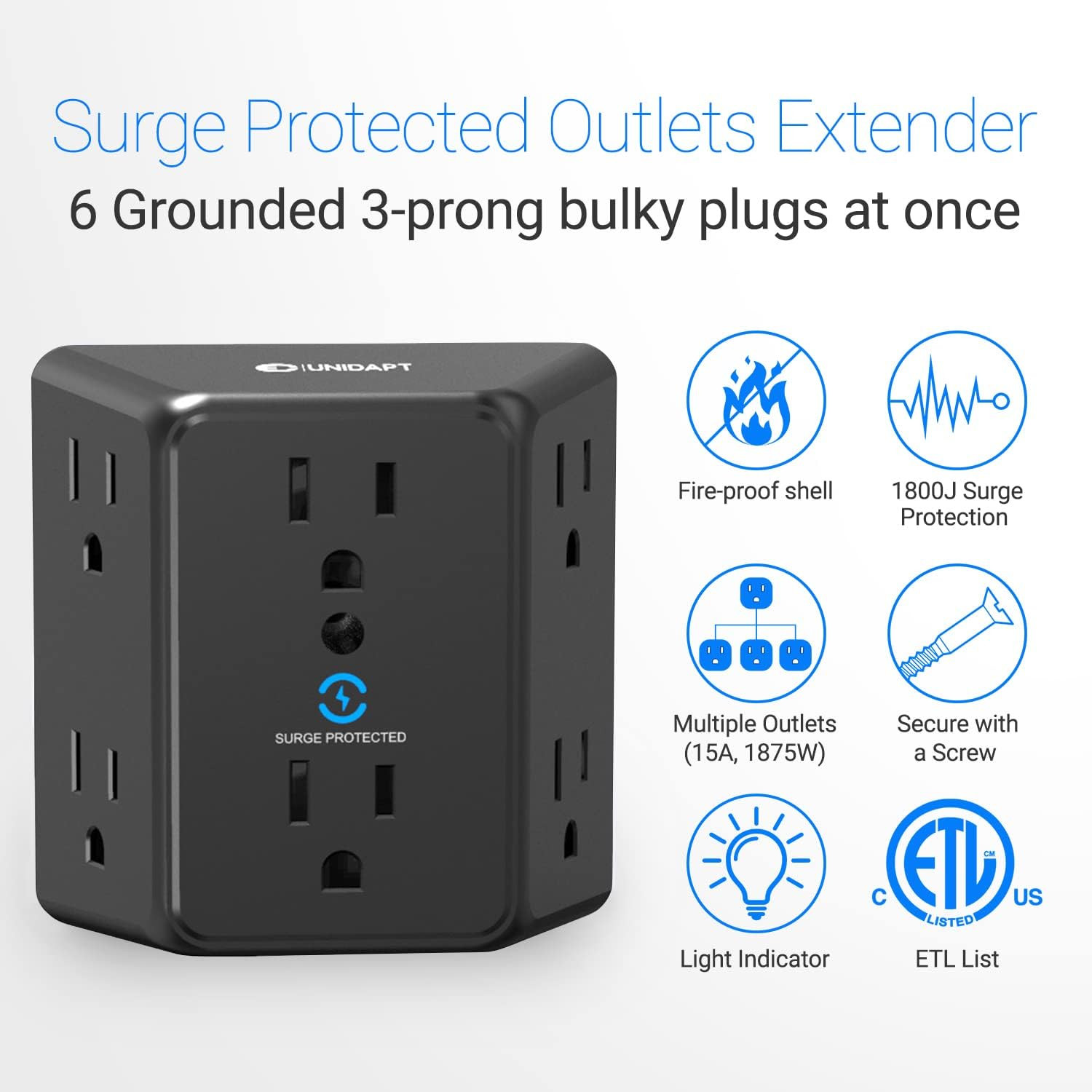 Multi Plug 6 Outlet Extender, Black Surge Protector Wall Splitter, 1800J Power