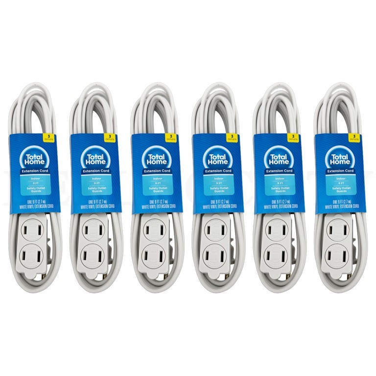 Total Home 3-Outlet Indoor Extension Cord 9 Ft White Lot of 6