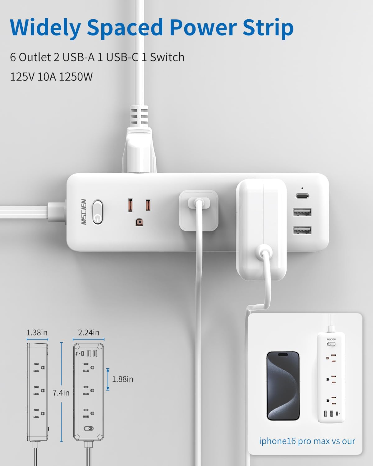 5 FT Extension Cord with Multiple Outlets, MSCIEN Flat Plug Power Strip, 6 Outle