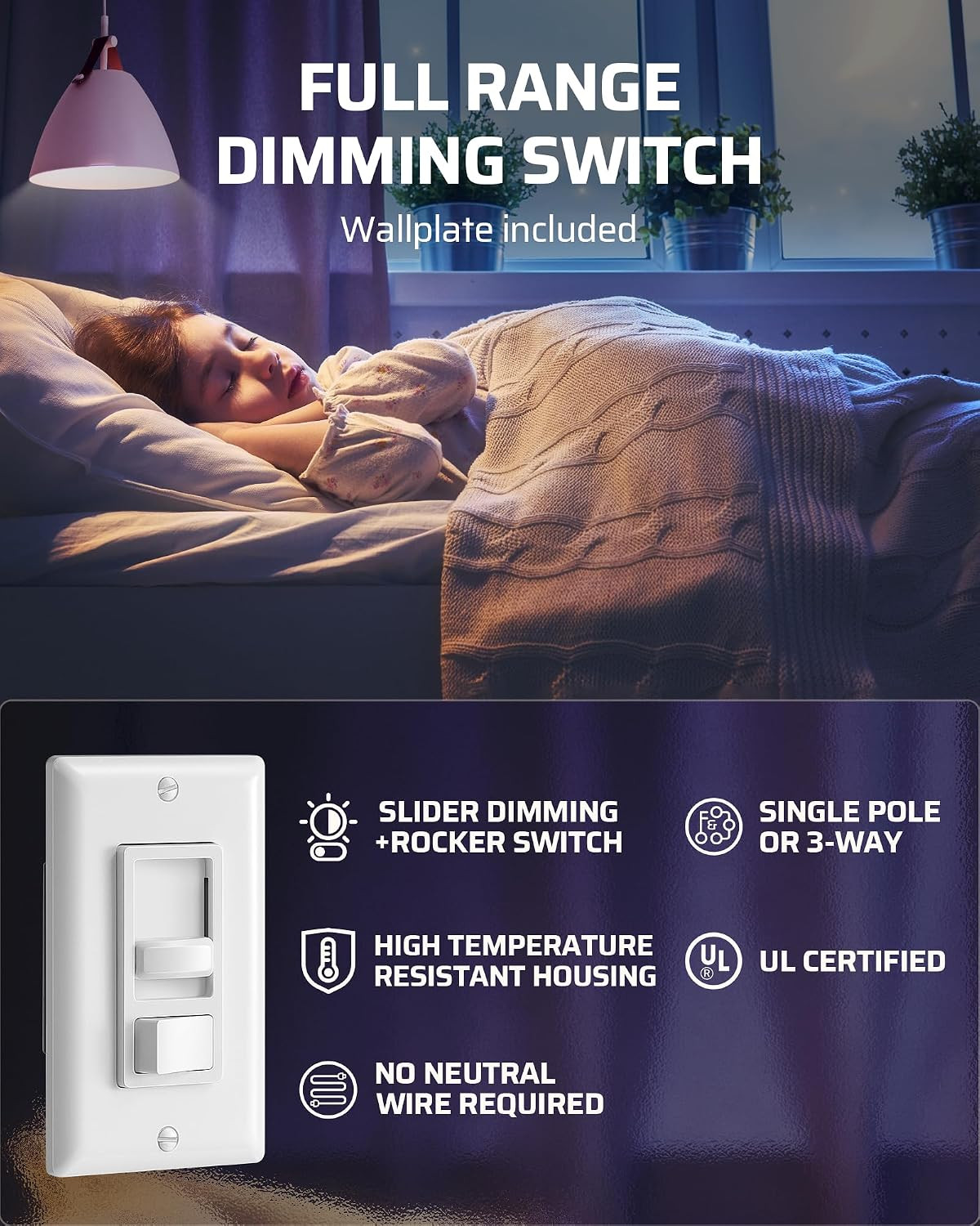 LED Dimmer Switch Single Pole 3 Way No Neutral Wire Slider Wall Plate ETL