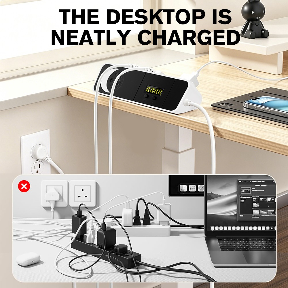 Power Strip with Clock and Night Light, 3AC Outlets ,2 USB-A Ports, 2 USB-C Port