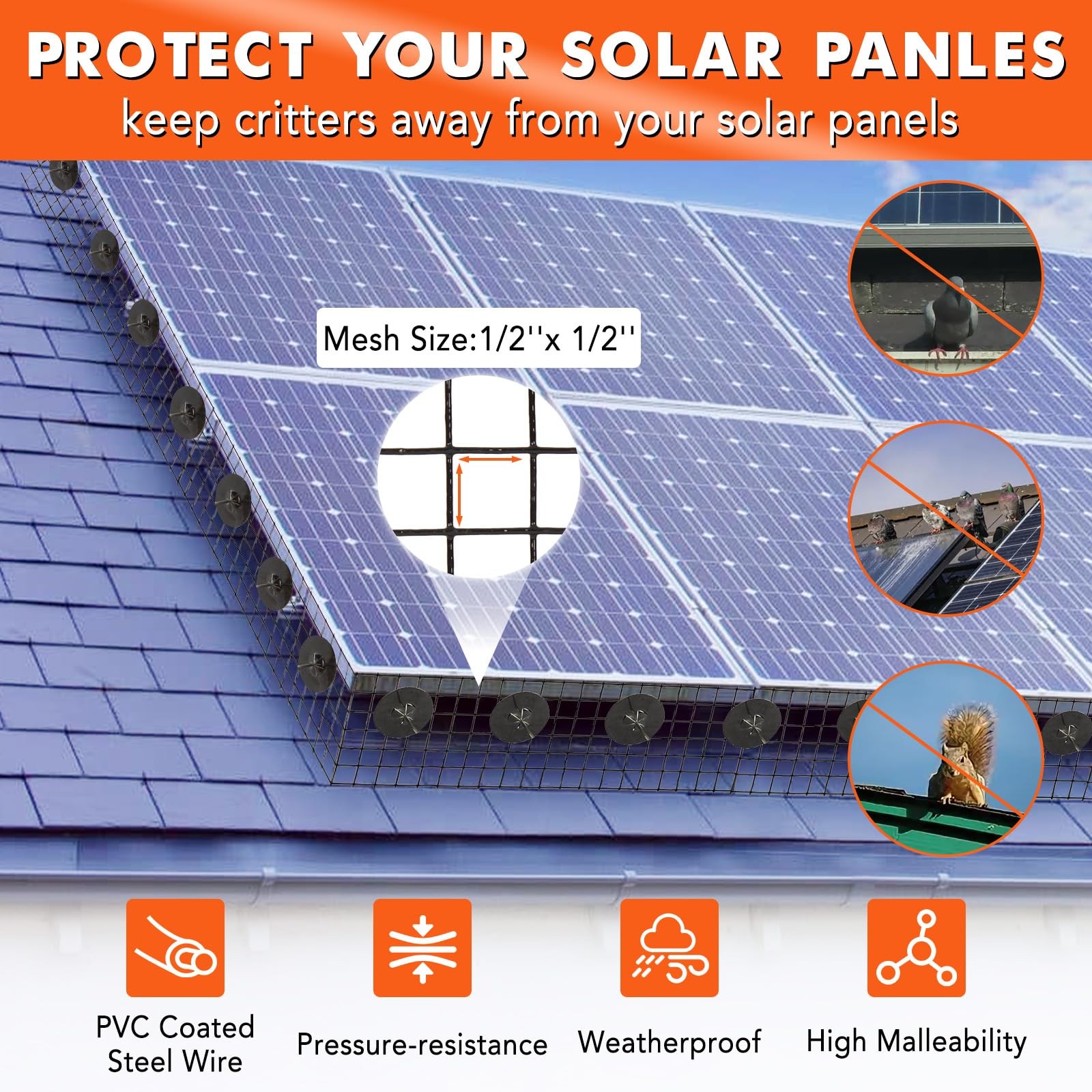 8in x 100ft Solar Panel Bird Guard ,Mesh Guard Critter Roll Kit 70pcs Tire Wires