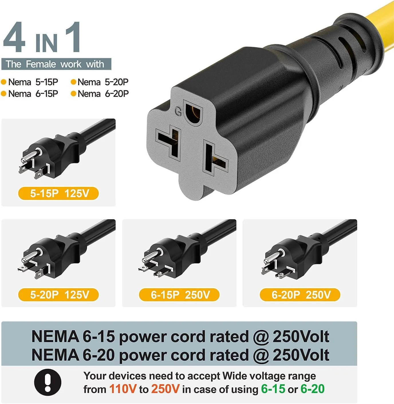 [4-in-1] 12AWG 15 Amp Household AC Plug to 20 Amp T Blade Adapter Cable, NEMA 5-