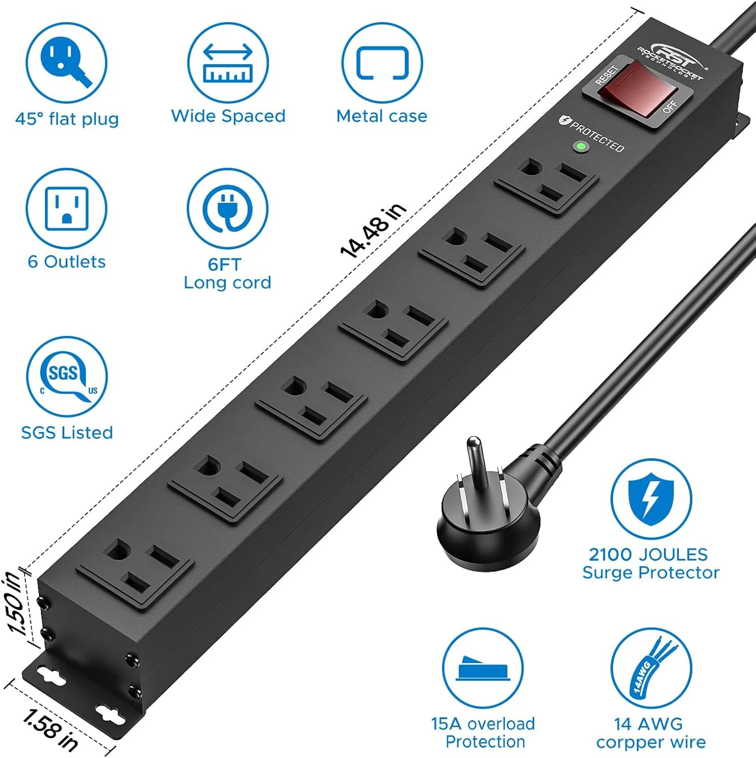 CRST 2-Pack 6 Outlet Surge Protector Power Strip 2100J 6FT Flat Plug Heavy Duty