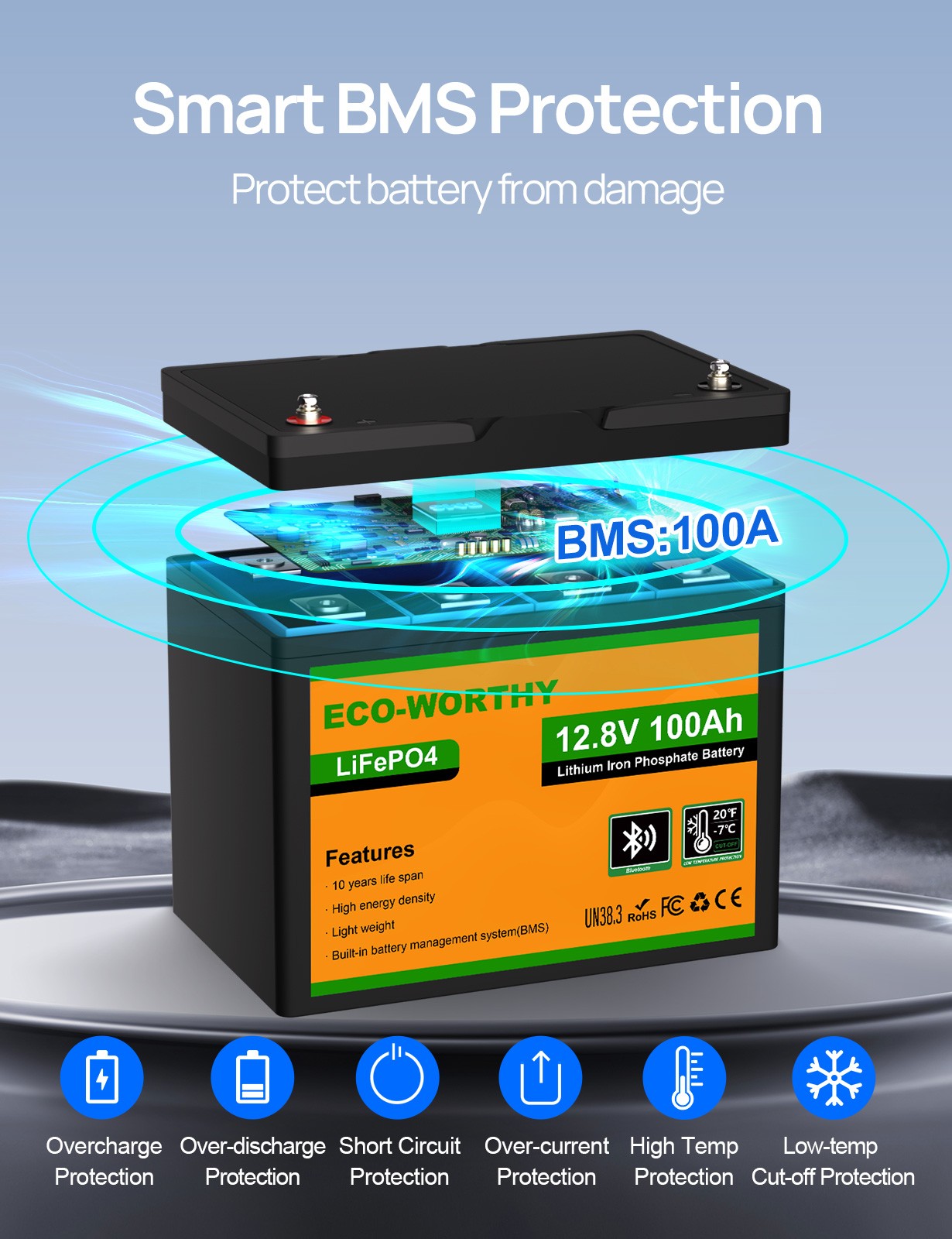 ECO-WORTHY 1280Wh 12V 100AH LiFePO4 Lithium Battery Bluetooth For RV Camping