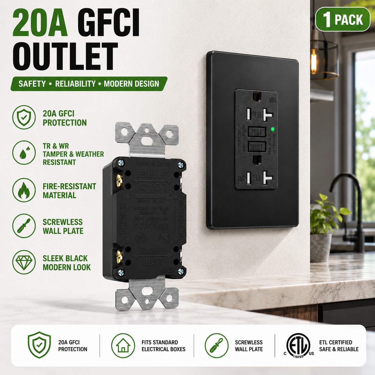 1PK Black 20 Amp GFCI Outlet WR TR LED Indicator Back Side Wiring Easy Install