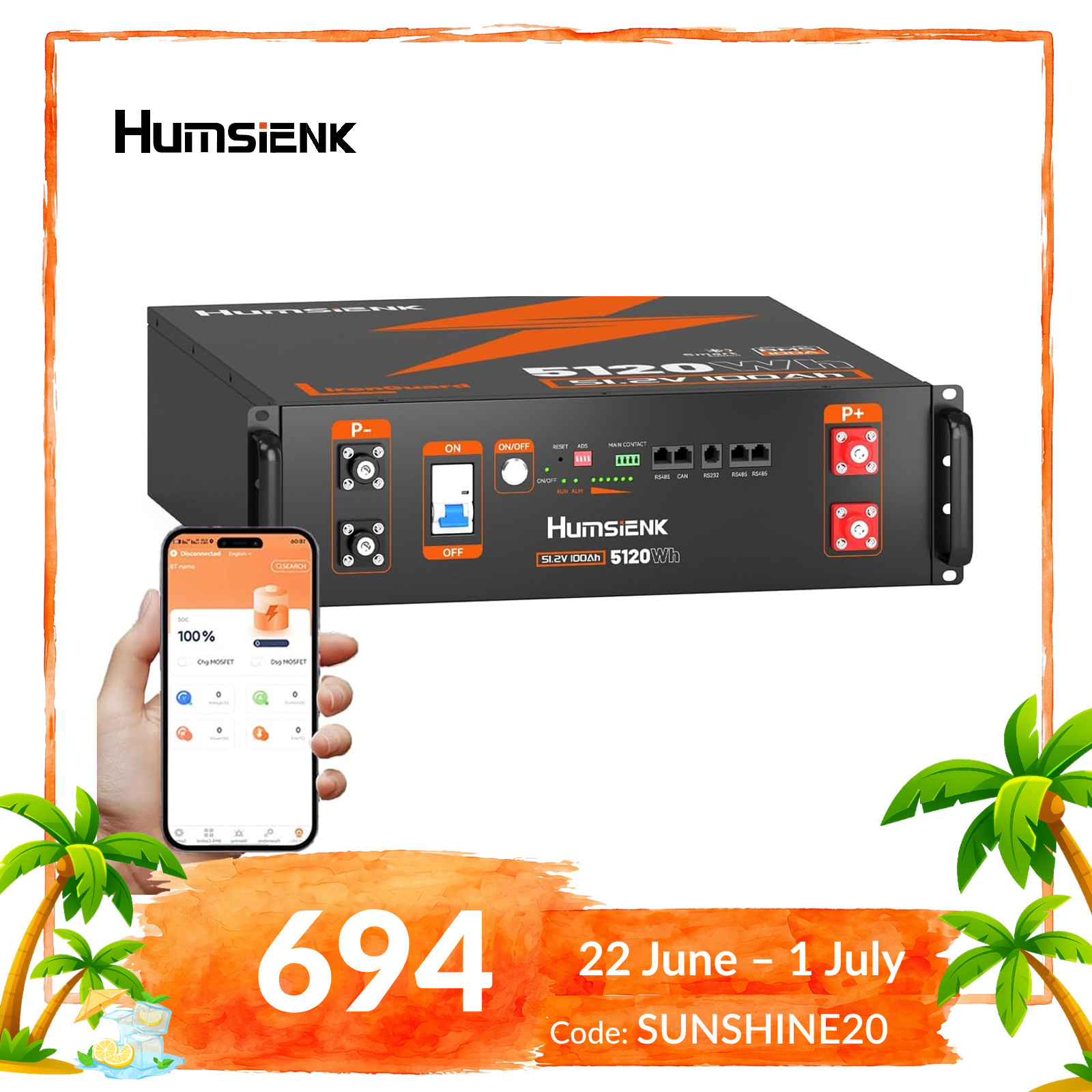Humsienk 5120Wh 48V 100Ah LiFePO4 Battery 3U Server Rack Battery Backup Solar